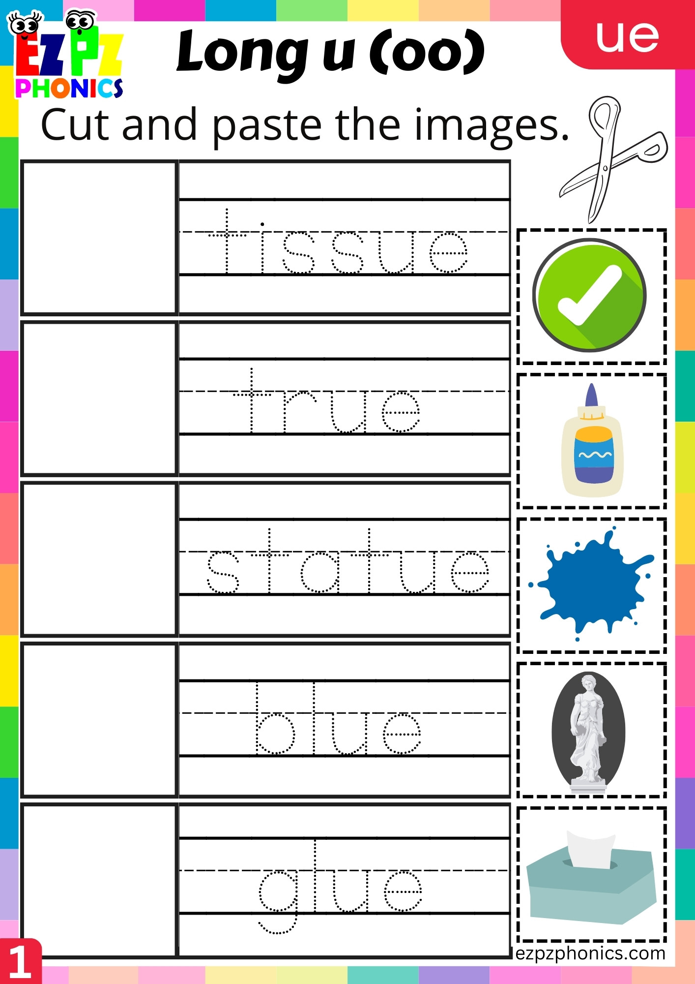 Cut and Paste the Images Worksheet for ue Words Long u (oo) Sound